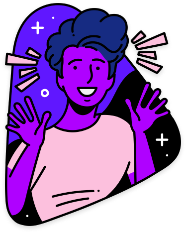 Ilustração de um garoto com as mãos levantadas e expressão de surpresa/felicidade.